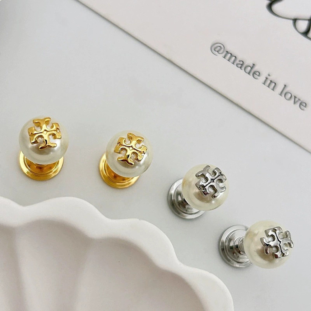 Tory Burch Pearl Letter Stud Earrings Gold Silver
